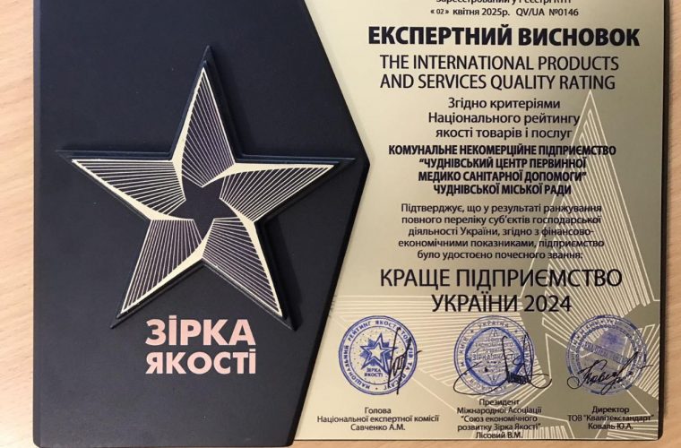 «Зірку якості» присвоєно Чуднівському центру первинної медико-санітарної допомоги